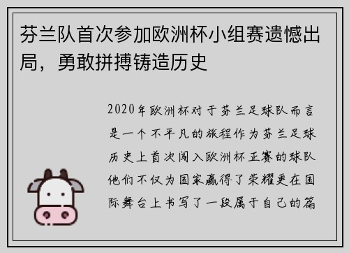 芬兰队首次参加欧洲杯小组赛遗憾出局，勇敢拼搏铸造历史